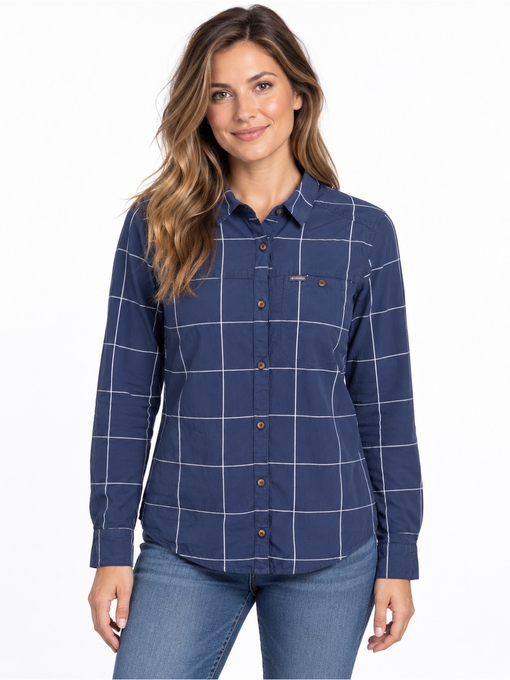 Columbia Women’s Small Navy Windowpane Plaid Stretch Button Down Shirt Cotton